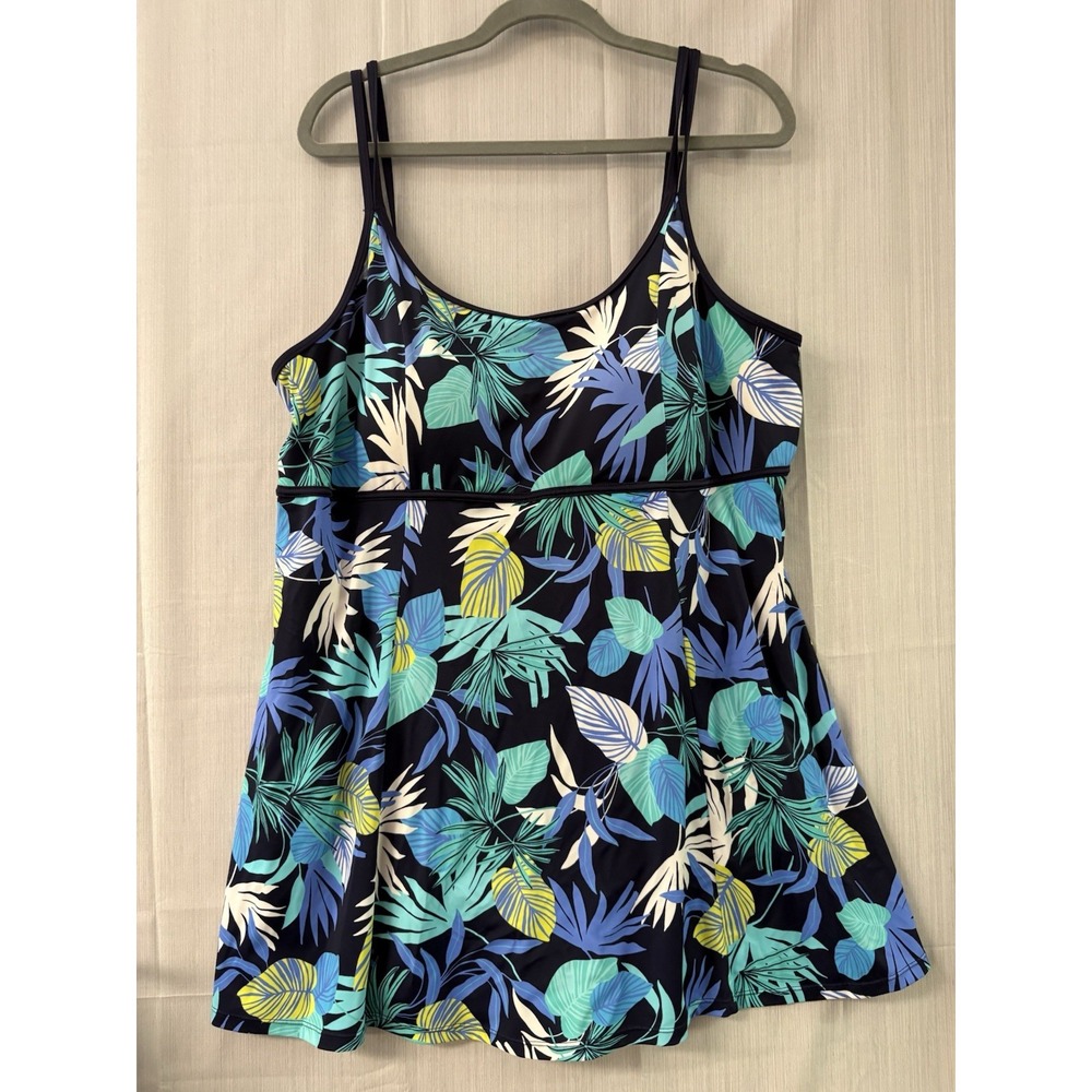 Tropical One Piece Skirt Swimsuit Womens 2XL Blue Floral Print Top‎